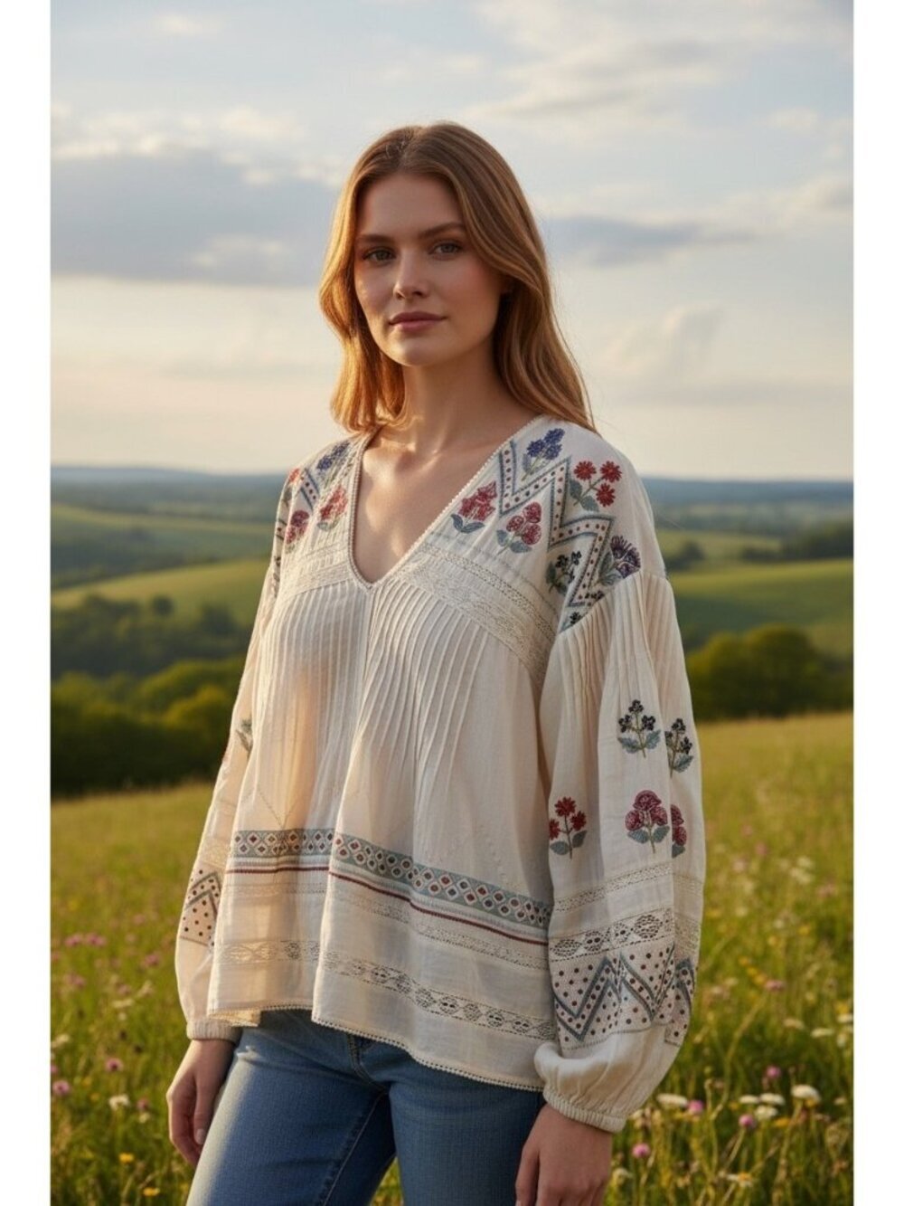Anthropologie Cream Embroidered Boho Peasant Blouse Floral Cotton Size S
